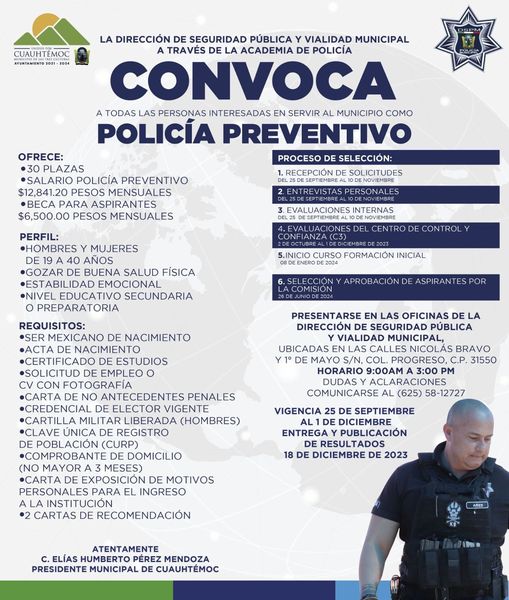 Lanzan convocatoria para ingresar a la Policía Municipal de Cuauhtémoc