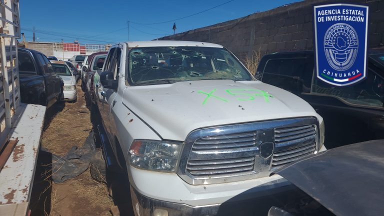 Asegura AEI en depósito de autos en Madera, 13 vehículos con reporte de robo, algunos baleados