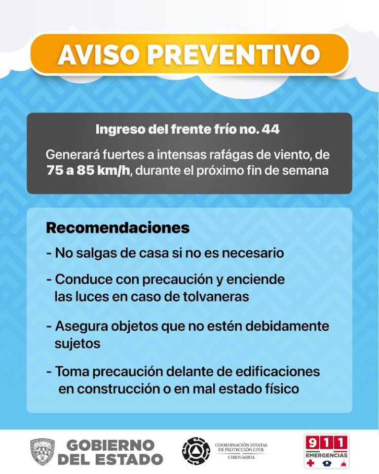 Alerta Protección Civil Estatal por pronóstico de fuertes vientos para este fin de semana